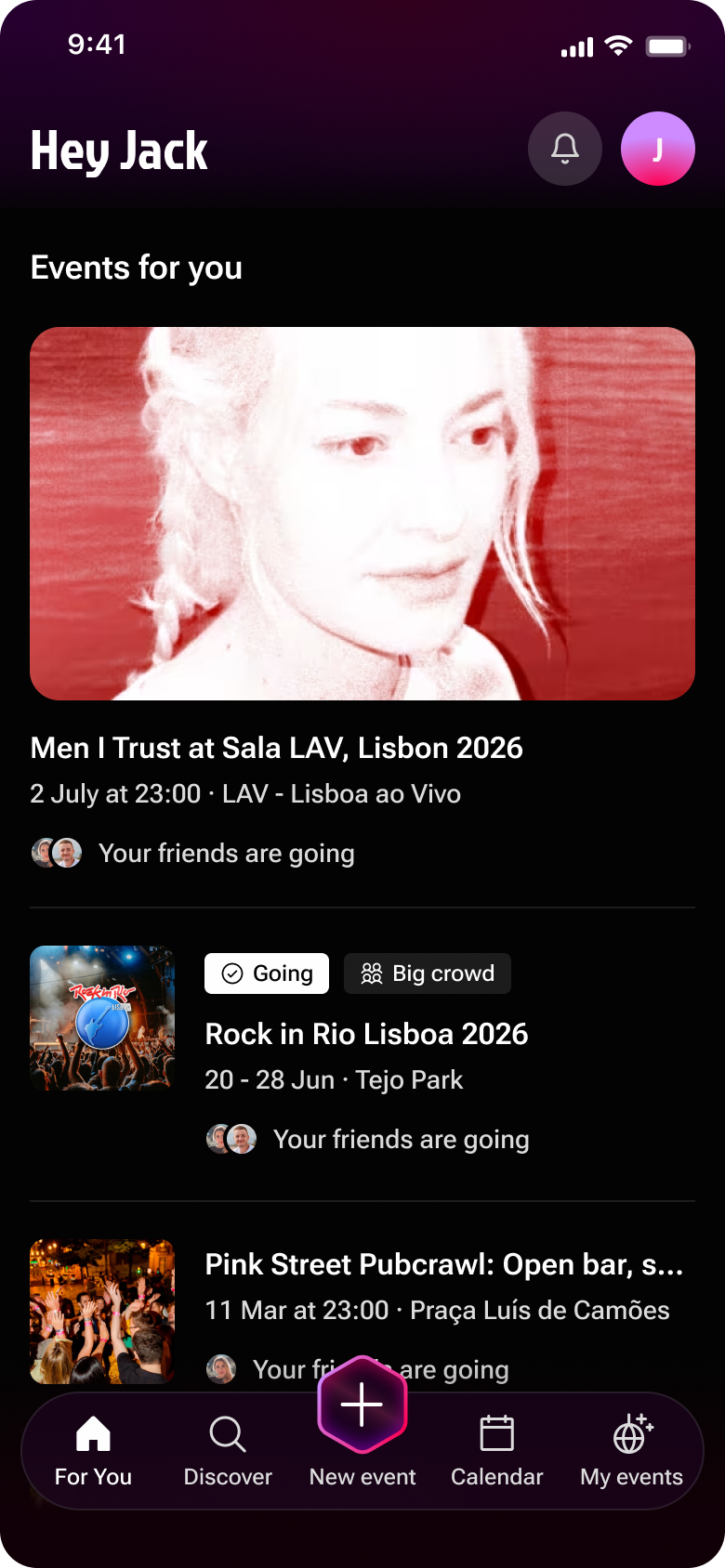 Crossparty app — events feed